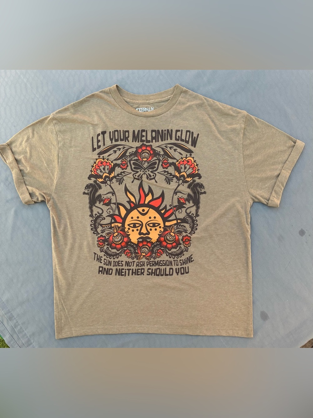 Modern Lux Olive Graphic Tee with Orange & Red Sun Motif